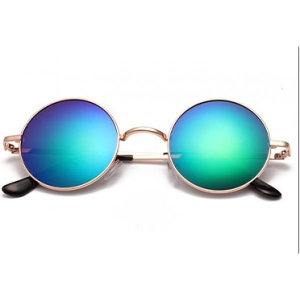 Blue Round Circle Mirror Polarized Lens Gold Frame Vintage Sunglasses